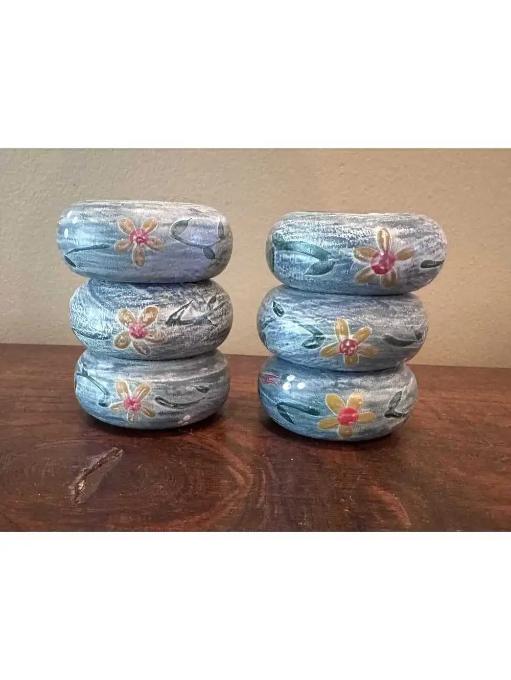 Wooden Handpainted Blue with Gold Flowers Napkin Rings, Set of 6